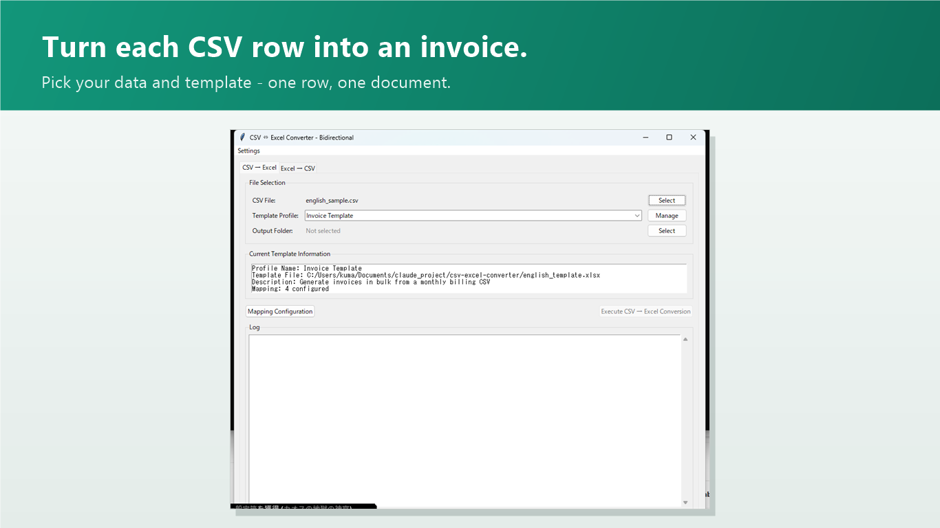 Batch Invoice Maker on Windows: pick a CSV and an invoice template, generate one document per row