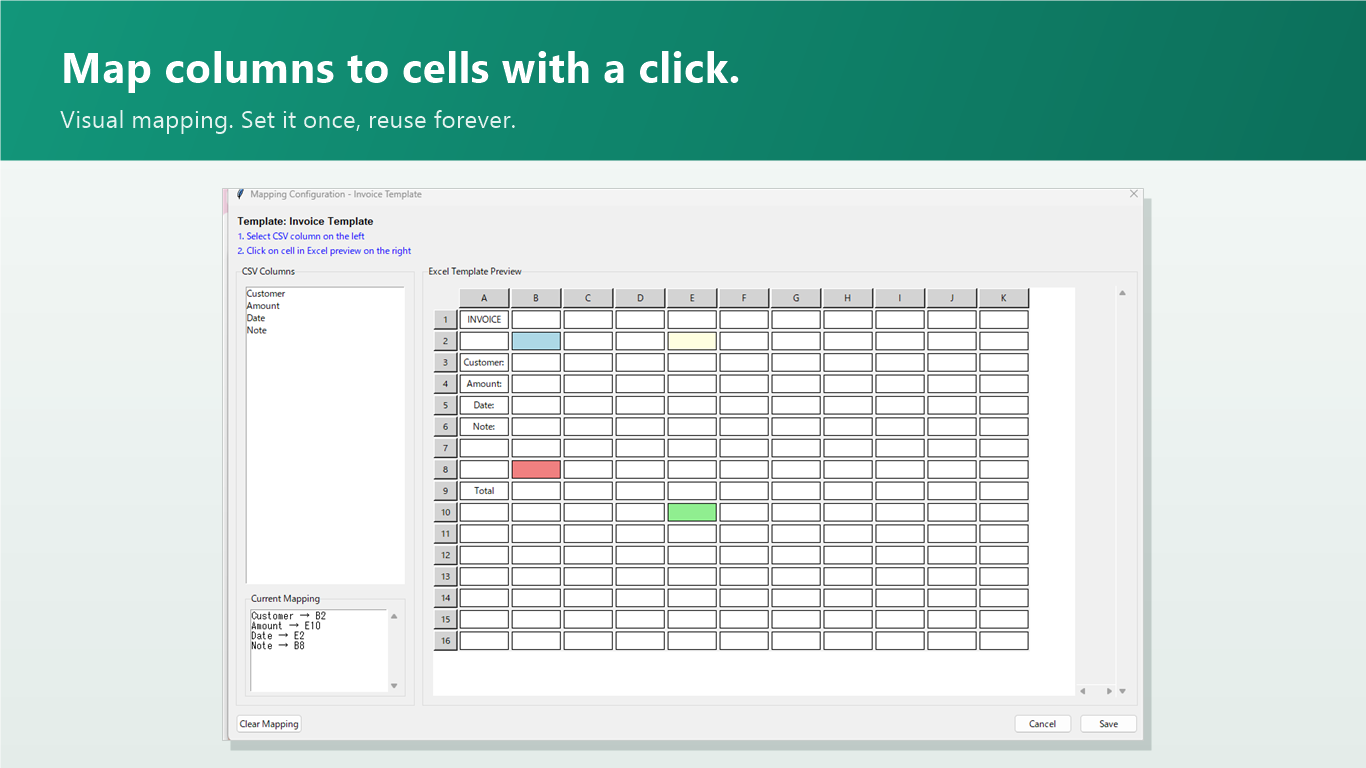 Visual mapping screen: assign CSV columns to template cells