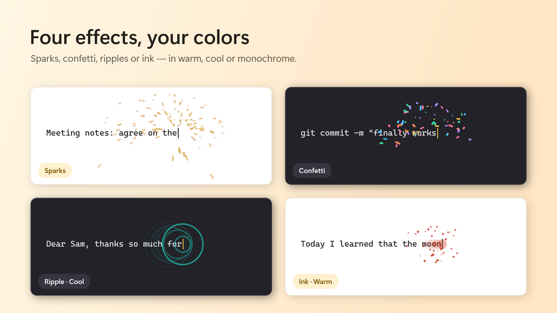 The four effects: sparks, confetti, ripple and ink