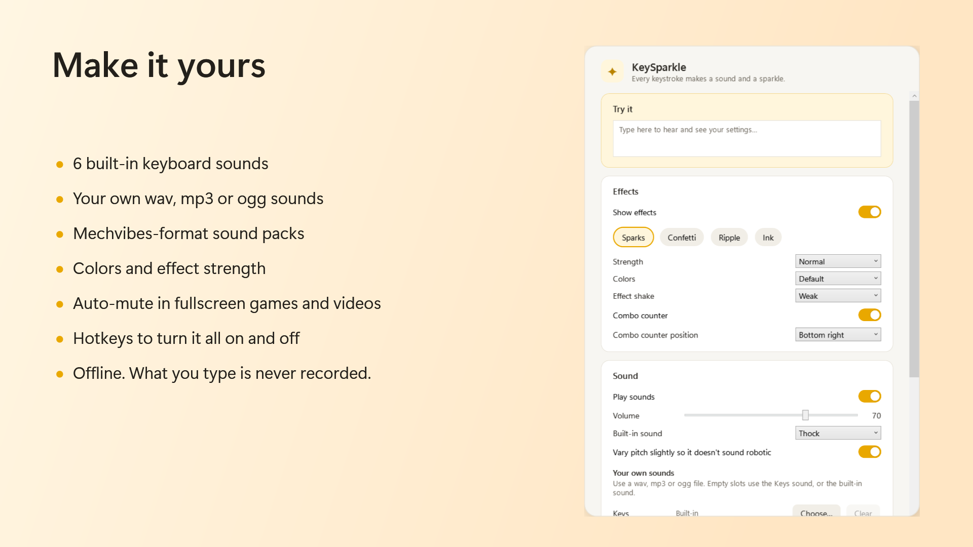 KeySparkle settings: effects, colors, strength and sounds