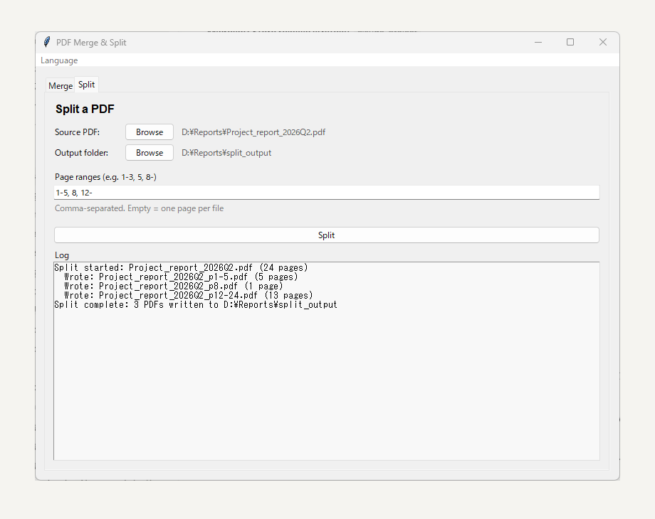 Split tab: extract page ranges into separate PDF files
